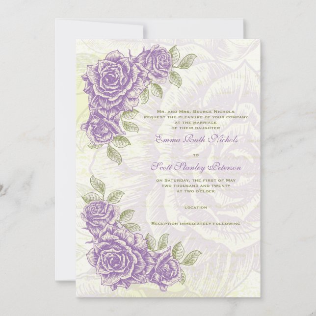 Vintage bellflower purple roses wedding invitation (Front)