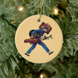 Vintage Bellhop in Uniform, Suitcase and Golf Club Ceramic Tree Decoration