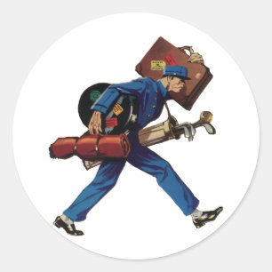 Vintage Bellhop in Uniform, Suitcase and Golf Club Classic Round Sticker