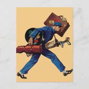 Vintage Bellhop in Uniform, Suitcase and Golf Club Postcard