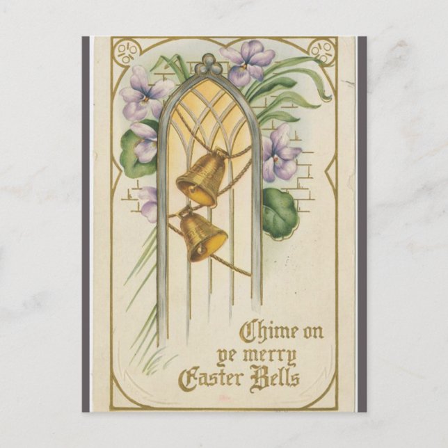 Vintage Bells and Purple Flowers Easter Postcard (Front)