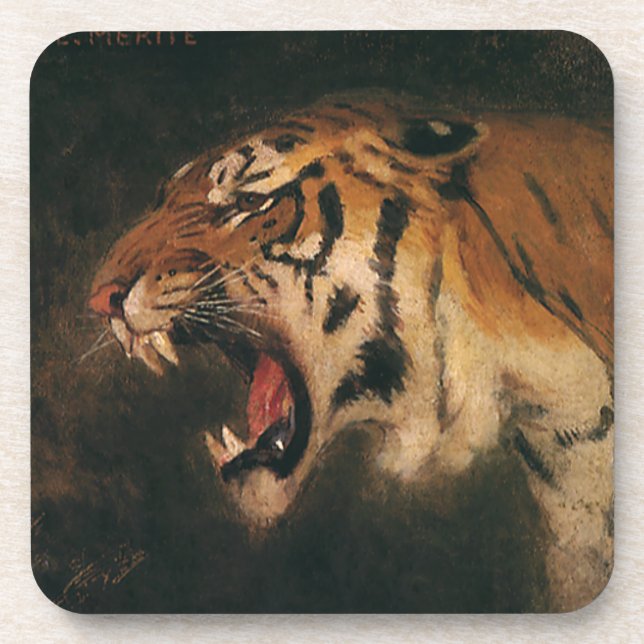Vintage Bengal Tiger Big Cat Roaring, Wild Animal Coaster (Front)