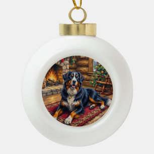 Vintage Bernese Mountain Dog Cozy Christmas Cabin Ceramic Ball Christmas Ornament