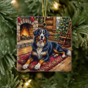 Vintage Bernese Mountain Dog Cozy Christmas Cabin Ceramic Ornament