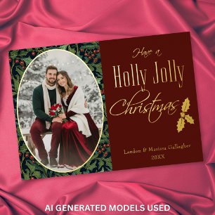 Vintage Berry Red Holly Jolly Christmas Foil Holiday Card