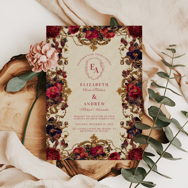 Vintage Berry & Rose Frame Wedding Invitation (Creator Uploaded)