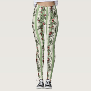 Vintage Berry Vine & Ribbon Botanical Stripe (1) Leggings