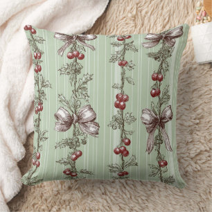 Vintage Berry Vine & Ribbon Botanical Stripe (2) Cushion