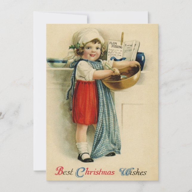 Vintage Best Christmas Wishes Baking Girl Holiday Card (Front)