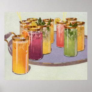 Vintage Beverages, Drinks with Ice Cubes on a Tray Poster