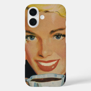 Vintage Beverages, Happy Woman with Cup of Coffee iPhone 16 Case