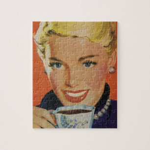 Vintage Beverages, Happy Woman with Cup of Coffee Jigsaw Puzzle