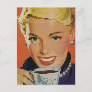 Vintage Beverages, Happy Woman with Cup of Coffee Postcard