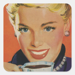 Vintage Beverages, Happy Woman with Cup of Coffee Square Sticker