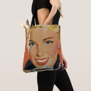 Vintage Beverages, Happy Woman with Cup of Coffee Tote Bag