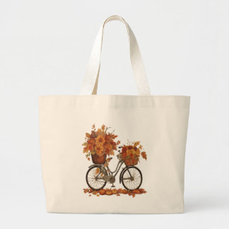 Vintage Bicycle & Autumn Harvest Watercolor Flower Large Tote Bag