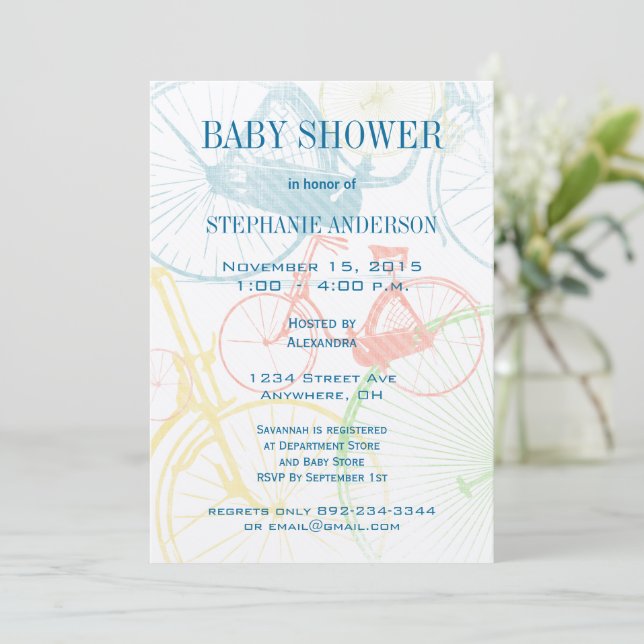 Vintage Bicycle Baby Boy Shower Invitations (Standing Front)