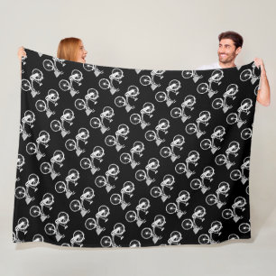 Vintage Bicycle Basket Black and White Pattern Fleece Blanket