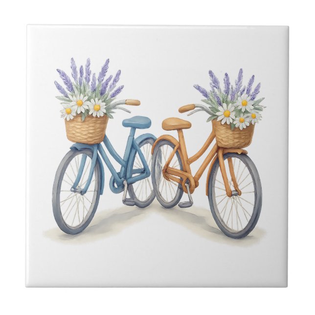 Vintage Bicycle Bikes with Lavender Daisy Baskets Tile (Front)
