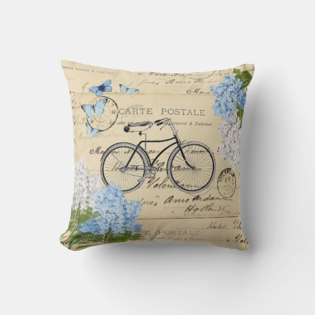 Vintage Bicycle Blue Hydrangea Paris Throw Pillow (Front)
