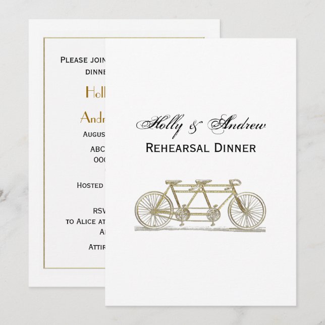 Vintage Bicycle Built For Two / Tandem Bike Gold Invitation (Front/Back)