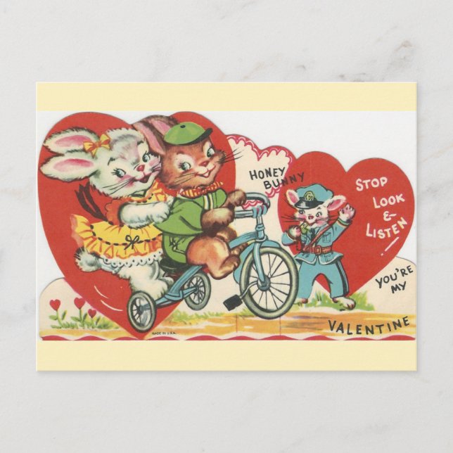 Vintage Bicycle Bunnies Valentine Holiday Postcard (Front)