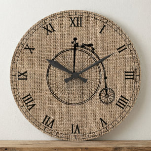 Vintage Bicycle Burlap Large Clock