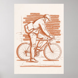 Vintage Bicycle Courier Sepia Line Drawing Poster