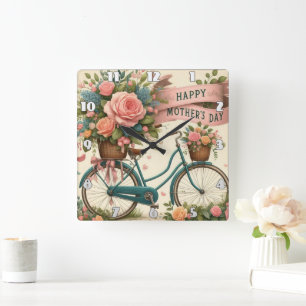 Vintage Bicycle: Floral Mother's Day Square Wall Clock