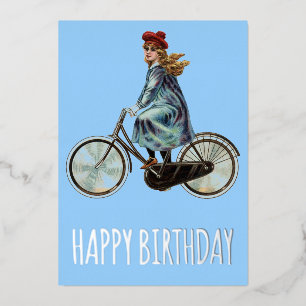 Vintage Bicycle girl - Birthday Foil Holiday Card