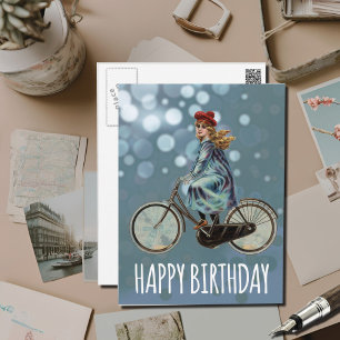 Vintage Bicycle girl - Birthday Postcard