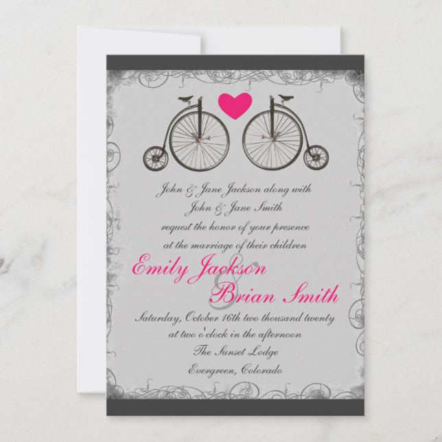Vintage bicycle love grey wedding invitations (Front)
