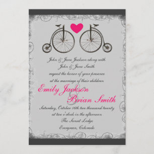 Vintage bicycle love grey wedding invitations