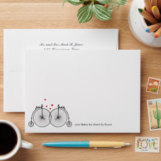 Vintage Bicycle Love Wedding Invitation Envelopes (Desk)