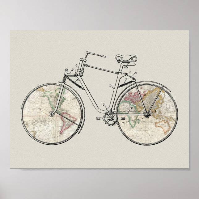 Vintage Bicycle Patent Art World Map Print (Front)