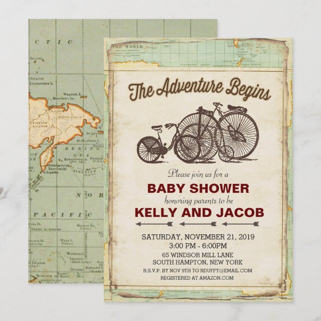 Vintage Bicycle Travel Baby Shower Invitation (Front/Back)