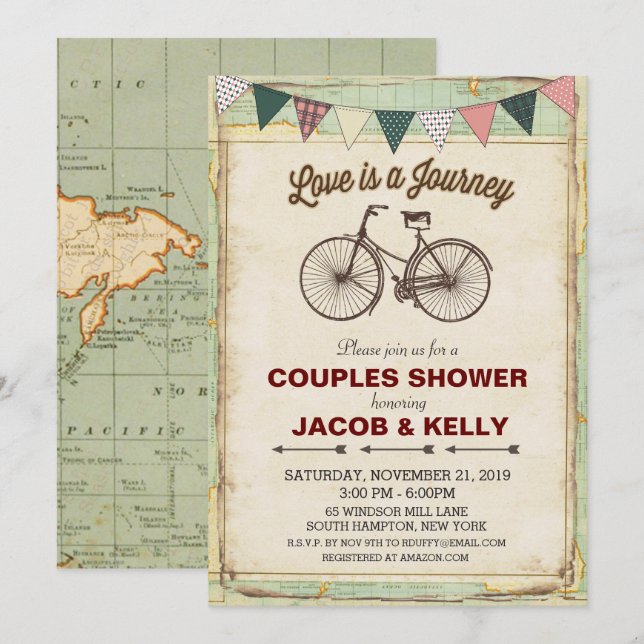 Vintage Bicycle Travel Couples Shower Invitation (Front/Back)