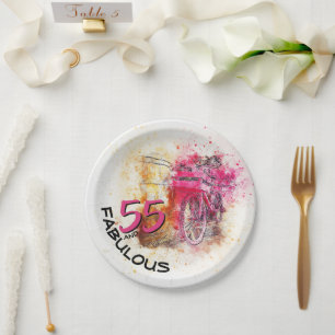 Vintage Bicycle Watercolor Fabulous 55th Birthday Paper Plate