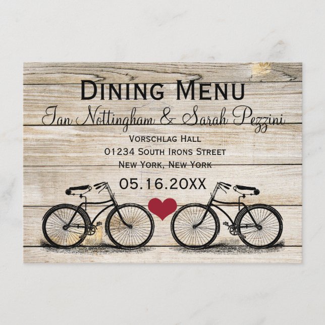 Vintage Bicycle Wedding Dining Menu Cards (Front)