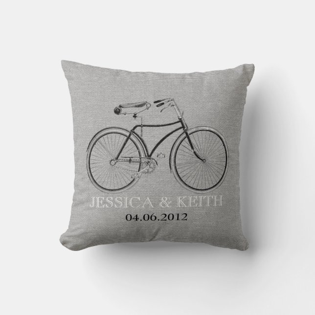 Vintage bicycle wedding names monogram faux burlap cushion (Front)