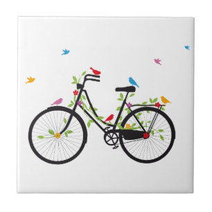 Vintage bicycle with flowers and birds tile
