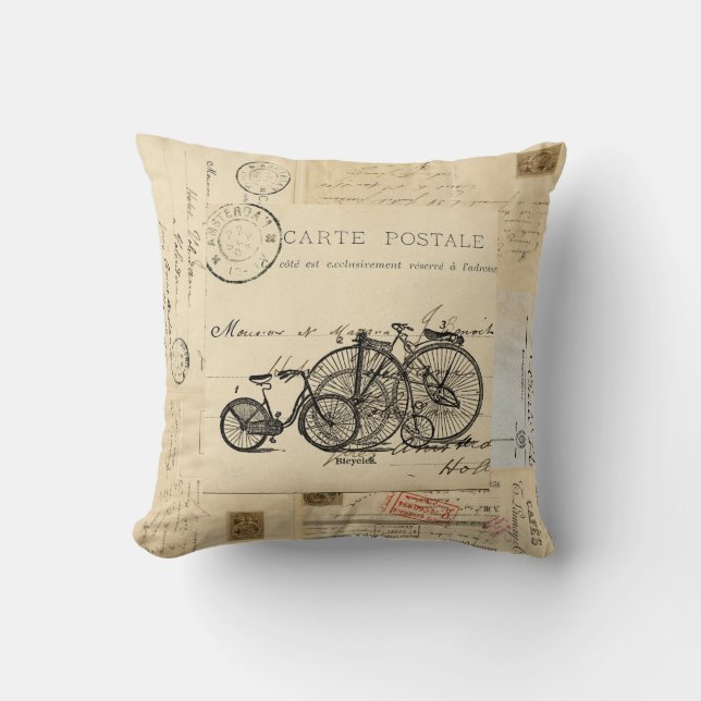 Vintage Bicycles French Postcards Pillow (Front)