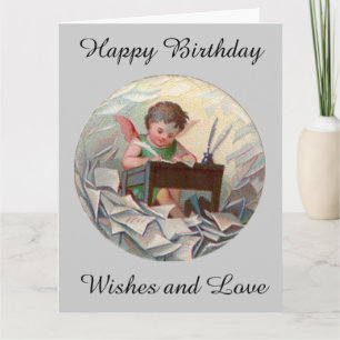 Vintage Big Birthday Angel Child Writing at Desk Card