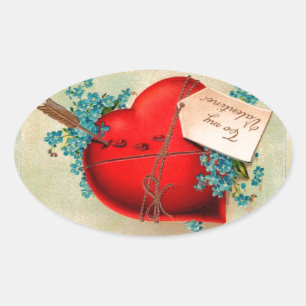 Vintage Big Red Bleeding Heart Valentine Postcard Oval Sticker