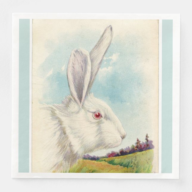 Vintage Big White Easter Rabbit Light Blue Napkin (Front)