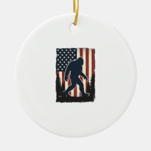Vintage Bigfoot American Flag Forest Vector Design Ceramic Tree Decoration