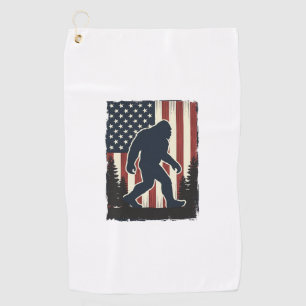 Vintage Bigfoot American Flag Forest Vector Design Golf Towel