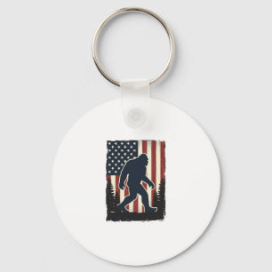 Vintage Bigfoot American Flag Forest Vector Design Key Ring