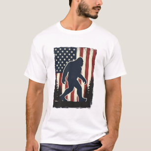 Vintage Bigfoot American Flag Forest Vector Design T-Shirt