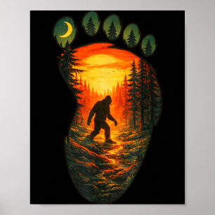 Vintage Bigfoot Footprint Sunset Forest Sasquatch Poster